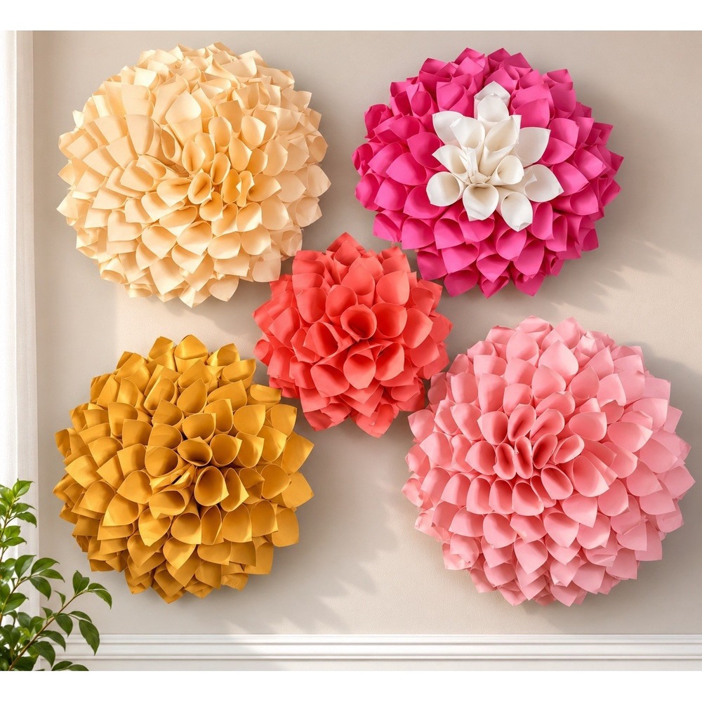 Handmade 3D Paper Flower Wall Decor Set of 5 Large Floral Wall Art